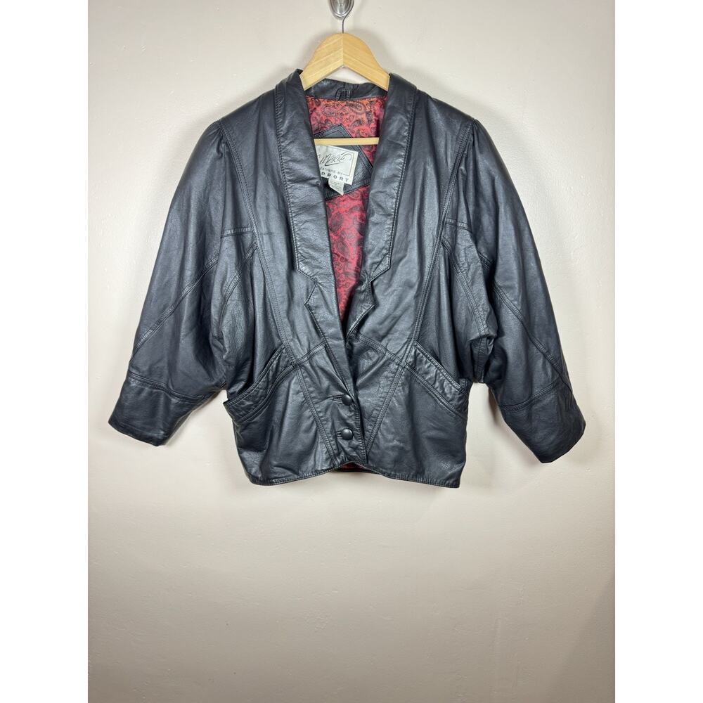 VTG 80s Womens Leather Jacket Black Cropped Two Button C. Marie Artsy Grunge M